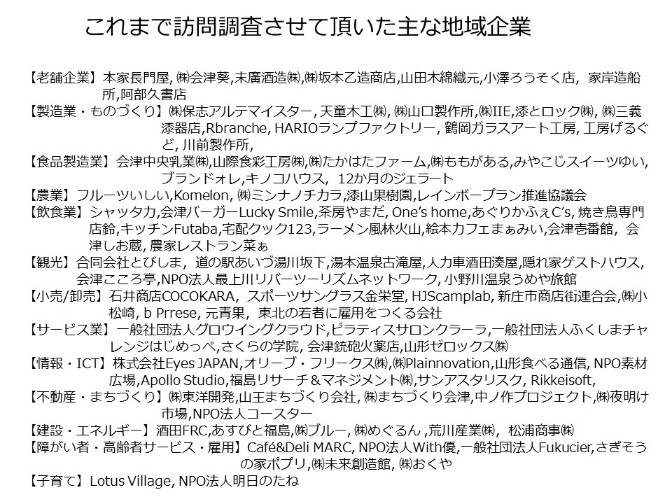これまで訪問調査させて頂いた主な地域企業