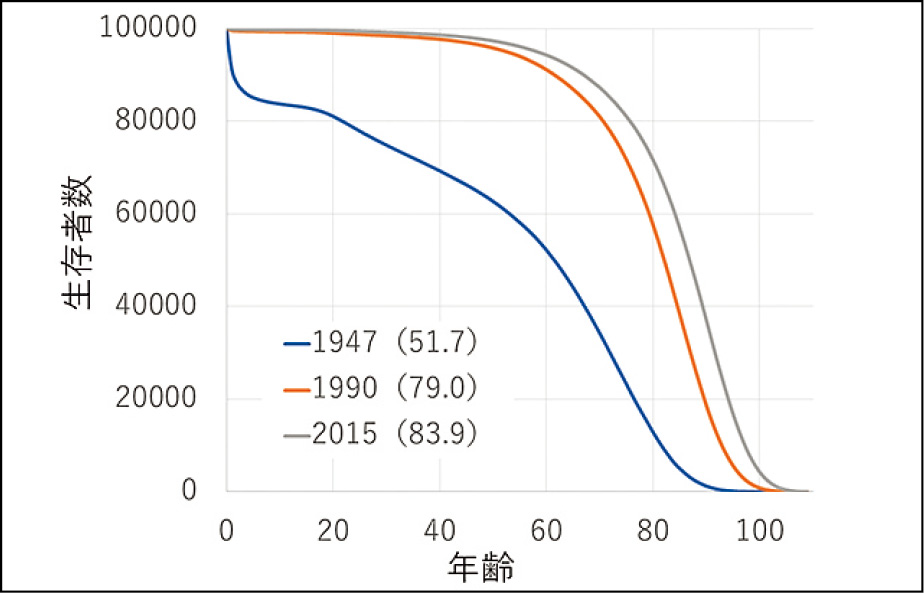 日本の生存曲線。1947年の生存曲線は0歳付近で急激に減少していることがわかります。